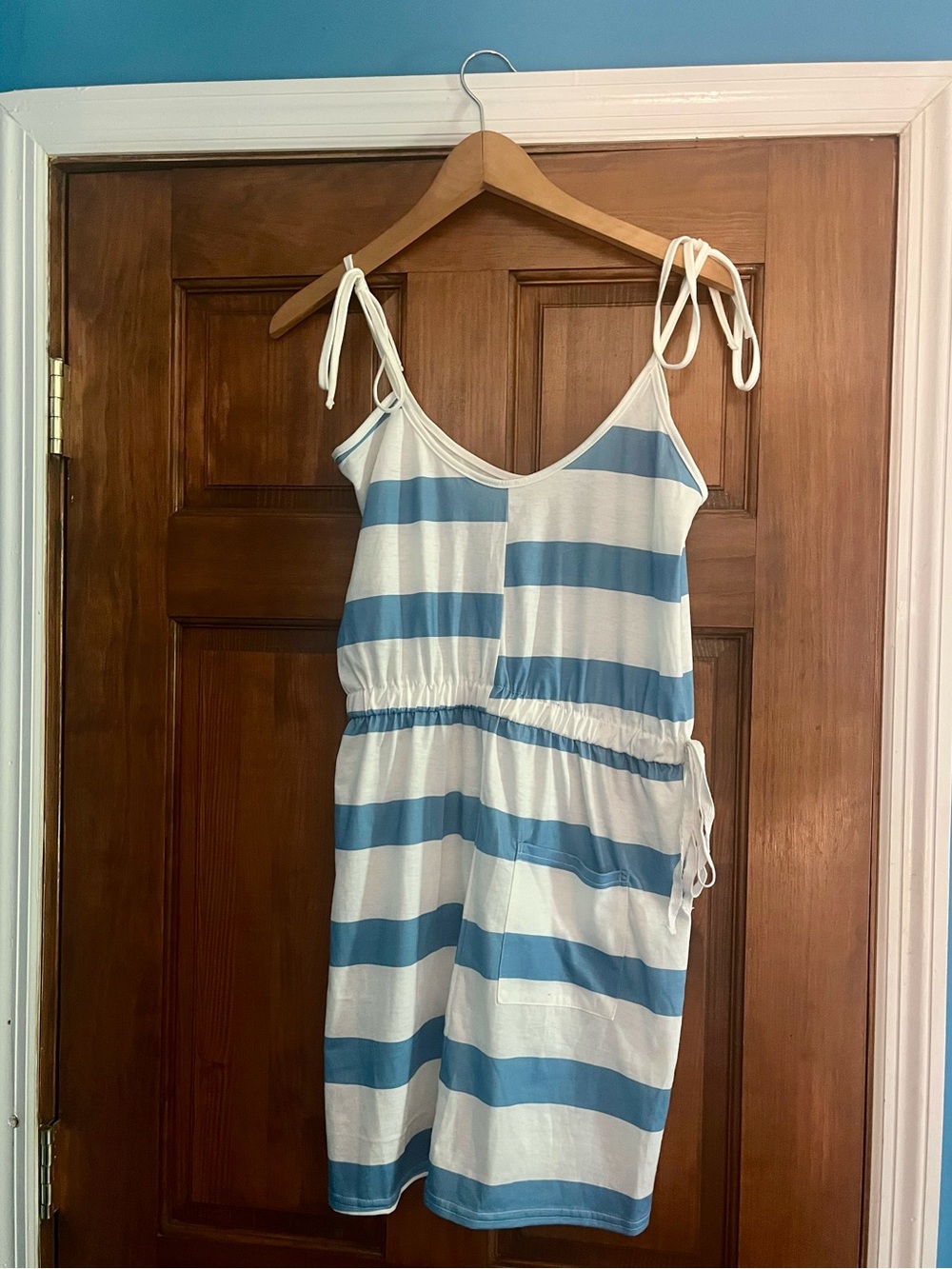 Chic Me Blue & White Striped Tie Strap Cinched Waist Sundress Size S NWT